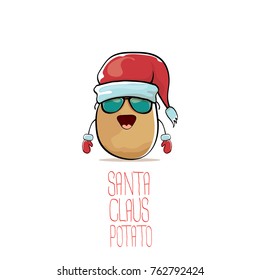 vector funky comic cartoon cute brown smiling santa claus potato with red santa hat isolated on white background. vegetable funky christmas character for banners, labels, invitation and greeting cards