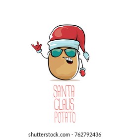 vector funky comic cartoon cute brown smiling santa claus potato with red santa hat isolated on white background. vegetable funky christmas character for banners, labels, invitation and greeting cards