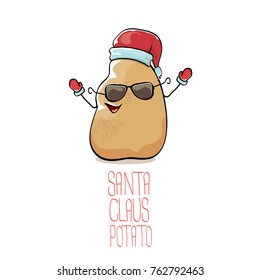 vector funky comic cartoon cute brown smiling santa claus potato with red santa hat isolated on white background. vegetable funky christmas character for banners, labels, invitation and greeting cards