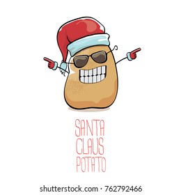 vector funky comic cartoon cute brown smiling santa claus potato with red santa hat isolated on white background. vegetable funky christmas character for banners, labels, invitation and greeting cards