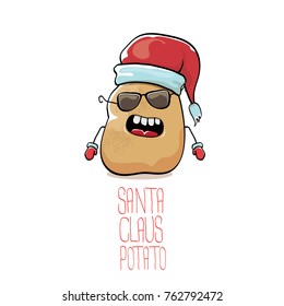 vector funky comic cartoon cute brown smiling santa claus potato with red santa hat isolated on white background. vegetable funky christmas character for banners, labels, invitation and greeting cards