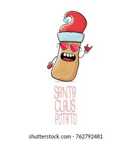 vector funky comic cartoon cute brown smiling santa claus potato with red santa hat isolated on white background. vegetable funky christmas character for banners, labels, invitation and greeting cards