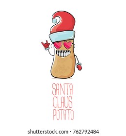vector funky comic cartoon cute brown smiling santa claus potato with red santa hat isolated on white background. vegetable funky christmas character for banners, labels, invitation and greeting cards