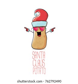 vector funky comic cartoon cute brown smiling santa claus potato with red santa hat isolated on white background. vegetable funky christmas character for banners, labels, invitation and greeting cards