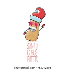 vector funky comic cartoon cute brown smiling santa claus potato with red santa hat isolated on white background. vegetable funky christmas character for banners, labels, invitation and greeting cards
