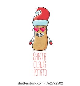 vector funky comic cartoon cute brown smiling santa claus potato with red santa hat isolated on white background. vegetable funky christmas character for banners, labels, invitation and greeting cards