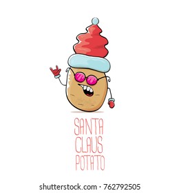 vector funky comic cartoon cute brown smiling santa claus potato with red santa hat isolated on white background. vegetable funky christmas character for banners, labels, invitation and greeting cards