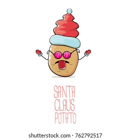 vector funky comic cartoon cute brown smiling santa claus potato with red santa hat isolated on white background. vegetable funky christmas character for banners, labels, invitation and greeting cards