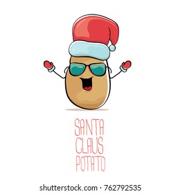 vector funky comic cartoon cute brown smiling santa claus potato with red santa hat isolated on white background. vegetable funky christmas character for banners, labels, invitation and greeting cards