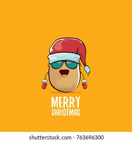 vector funky comic cartoon cute brown smiling santa claus potato with red santa hat and calligraphic merry christmas text isolated on orange background. vegetable funky christmas character
