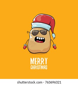 vector funky comic cartoon cute brown smiling santa claus potato with red santa hat and calligraphic merry christmas text isolated on orange background. vegetable funky christmas character
