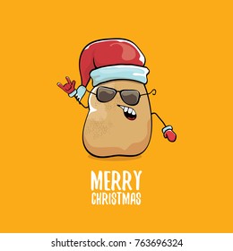 vector funky comic cartoon cute brown smiling santa claus potato with red santa hat and calligraphic merry christmas text isolated on orange background. vegetable funky christmas character
