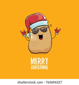 vector funky comic cartoon cute brown smiling santa claus potato with red santa hat and calligraphic merry christmas text isolated on orange background. vegetable funky christmas character
