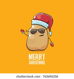 vector funky comic cartoon cute brown smiling santa claus potato with red santa hat and calligraphic merry christmas text isolated on orange background. vegetable funky christmas character
