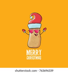 vector funky comic cartoon cute brown smiling santa claus potato with red santa hat and calligraphic merry christmas text isolated on orange background. vegetable funky christmas character
