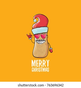 vector funky comic cartoon cute brown smiling santa claus potato with red santa hat and calligraphic merry christmas text isolated on orange background. vegetable funky christmas character
