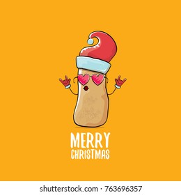 vector funky comic cartoon cute brown smiling santa claus potato with red santa hat and calligraphic merry christmas text isolated on orange background. vegetable funky christmas character
