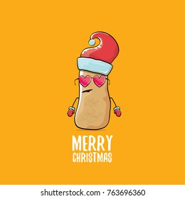vector funky comic cartoon cute brown smiling santa claus potato with red santa hat and calligraphic merry christmas text isolated on orange background. vegetable funky christmas character
