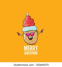 vector funky comic cartoon cute brown smiling santa claus potato with red santa hat and calligraphic merry christmas text isolated on orange background. vegetable funky christmas character
