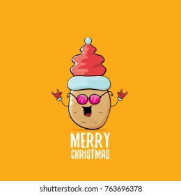 vector funky comic cartoon cute brown smiling santa claus potato with red santa hat and calligraphic merry christmas text isolated on orange background. vegetable funky christmas character
