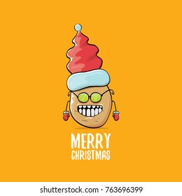 vector funky comic cartoon cute brown smiling santa claus potato with red santa hat and calligraphic merry christmas text isolated on orange background. vegetable funky christmas character
