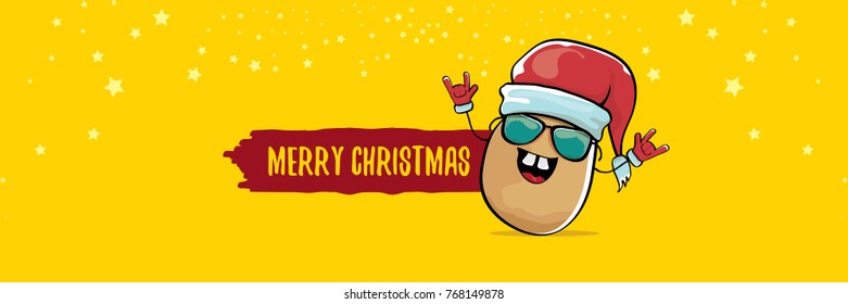 vector funky comic cartoon cute brown smiling santa claus potato with red santa hat and calligraphic merry christmas text isolated on horizontal orange background. vegetable funky christmas character