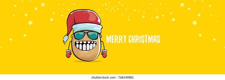 vector funky comic cartoon cute brown smiling santa claus potato with red santa hat and calligraphic merry christmas text isolated on horizontal orange background. vegetable funky christmas character