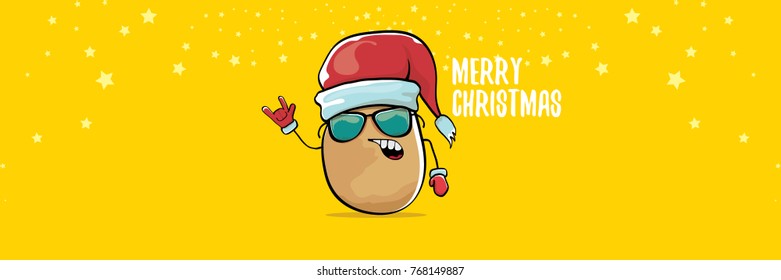 vector funky comic cartoon cute brown smiling santa claus potato with red santa hat and calligraphic merry christmas text isolated on horizontal orange background. vegetable funky christmas character