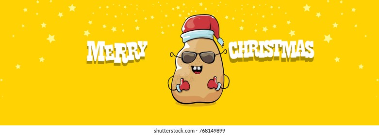 vector funky comic cartoon cute brown smiling santa claus potato with red santa hat and calligraphic merry christmas text isolated on horizontal orange background. vegetable funky christmas character