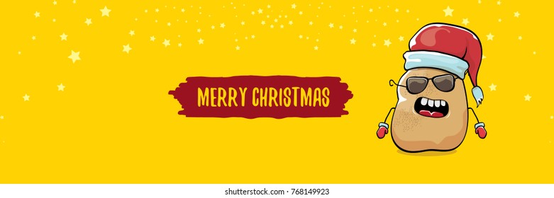 vector funky comic cartoon cute brown smiling santa claus potato with red santa hat and calligraphic merry christmas text isolated on horizontal orange background. vegetable funky christmas character