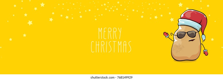 vector funky comic cartoon cute brown smiling santa claus potato with red santa hat and calligraphic merry christmas text isolated on horizontal orange background. vegetable funky christmas character