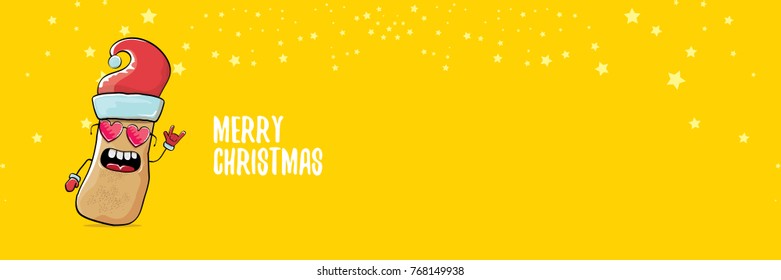 vector funky comic cartoon cute brown smiling santa claus potato with red santa hat and calligraphic merry christmas text isolated on horizontal orange background. vegetable funky christmas character