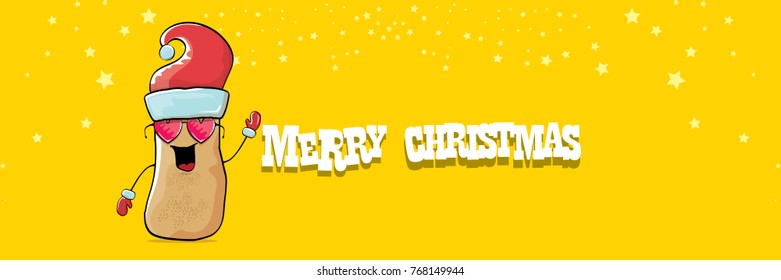 vector funky comic cartoon cute brown smiling santa claus potato with red santa hat and calligraphic merry christmas text isolated on horizontal orange background. vegetable funky christmas character