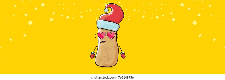 vector funky comic cartoon cute brown smiling santa claus potato with red santa hat and calligraphic merry christmas text isolated on horizontal orange background. vegetable funky christmas character