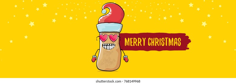 vector funky comic cartoon cute brown smiling santa claus potato with red santa hat and calligraphic merry christmas text isolated on horizontal orange background. vegetable funky christmas character