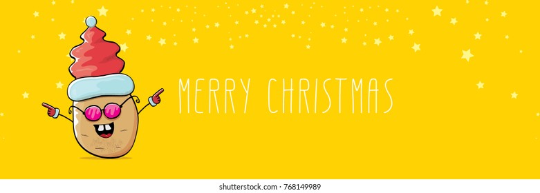 vector funky comic cartoon cute brown smiling santa claus potato with red santa hat and calligraphic merry christmas text isolated on horizontal orange background. vegetable funky christmas character