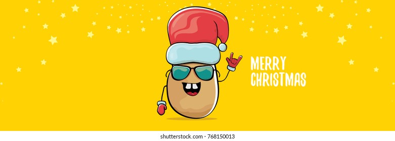 vector funky comic cartoon cute brown smiling santa claus potato with red santa hat and calligraphic merry christmas text isolated on horizontal orange background. vegetable funky christmas character