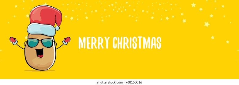 vector funky comic cartoon cute brown smiling santa claus potato with red santa hat and calligraphic merry christmas text isolated on horizontal orange background. vegetable funky christmas character