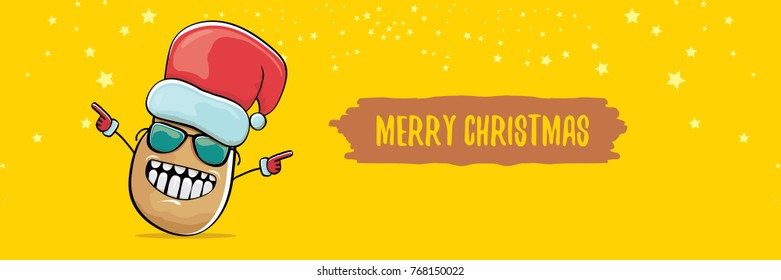 vector funky comic cartoon cute brown smiling santa claus potato with red santa hat and calligraphic merry christmas text isolated on horizontal orange background. vegetable funky christmas character