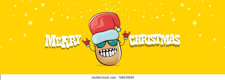 vector funky comic cartoon cute brown smiling santa claus potato with red santa hat and calligraphic merry christmas text isolated on horizontal orange background. vegetable funky christmas character