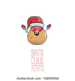 vector funky comic cartoon cute brown smiling santa claus potato with red santa hat isolated on white background. vegetable funky christmas character for banners, labels, invitation and greeting cards