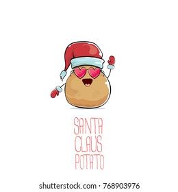 vector funky comic cartoon cute brown smiling santa claus potato with red santa hat isolated on white background. vegetable funky christmas character for banners, labels, invitation and greeting cards