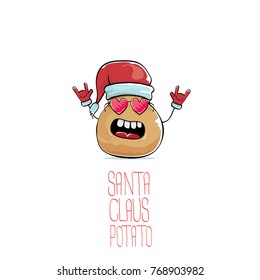 vector funky comic cartoon cute brown smiling santa claus potato with red santa hat isolated on white background. vegetable funky christmas character for banners, labels, invitation and greeting cards