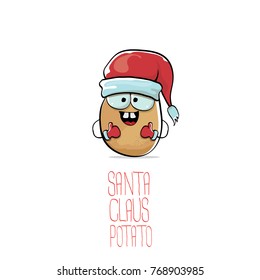 vector funky comic cartoon cute brown smiling santa claus potato with red santa hat isolated on white background. vegetable funky christmas character for banners, labels, invitation and greeting cards
