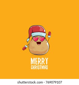 vector funky comic cartoon cute brown smiling santa claus potato with red santa hat and calligraphic merry christmas text isolated on orange background. vegetable funky christmas character