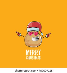 vector funky comic cartoon cute brown smiling santa claus potato with red santa hat and calligraphic merry christmas text isolated on orange background. vegetable funky christmas character