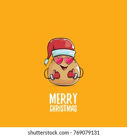 vector funky comic cartoon cute brown smiling santa claus potato with red santa hat and calligraphic merry christmas text isolated on orange background. vegetable funky christmas character