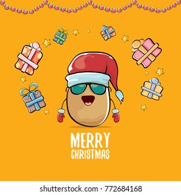 vector funky comic cartoon cute brown smiling santa claus potato with red santa hat, gifts and calligraphic merry christmas text isolated on orange background. vegetable funky christmas character