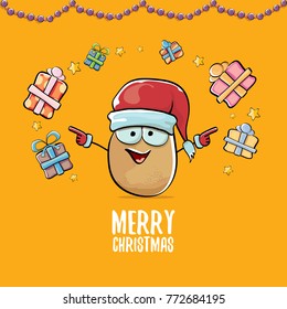vector funky comic cartoon cute brown smiling santa claus potato with red santa hat, gifts and calligraphic merry christmas text isolated on orange background. vegetable funky christmas character