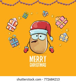 vector funky comic cartoon cute brown smiling santa claus potato with red santa hat, gifts and calligraphic merry christmas text isolated on orange background. vegetable funky christmas character